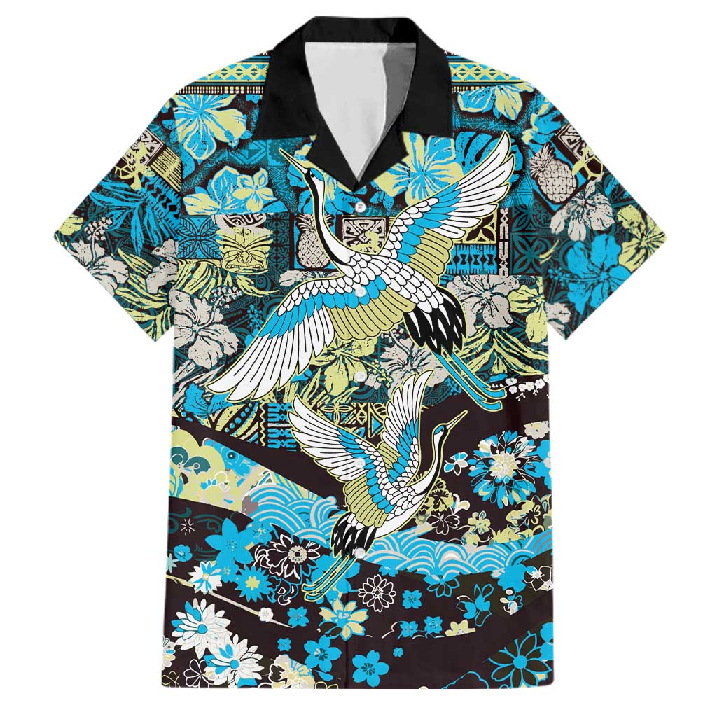 Japanese Hawaiian Crane Family Matching Off Shoulder Short Dress and Hawaiian Shirt Blue Tapa Patchwork Pattern LT9 Dad's Shirt - Short Sleeve Blue - Polynesian Pride
