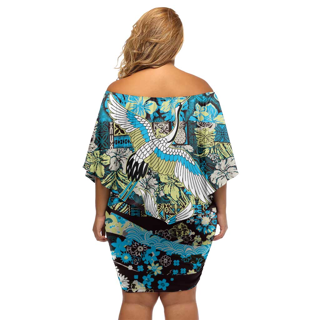 Japanese Hawaiian Crane Family Matching Off Shoulder Short Dress and Hawaiian Shirt Blue Tapa Patchwork Pattern LT9 - Polynesian Pride