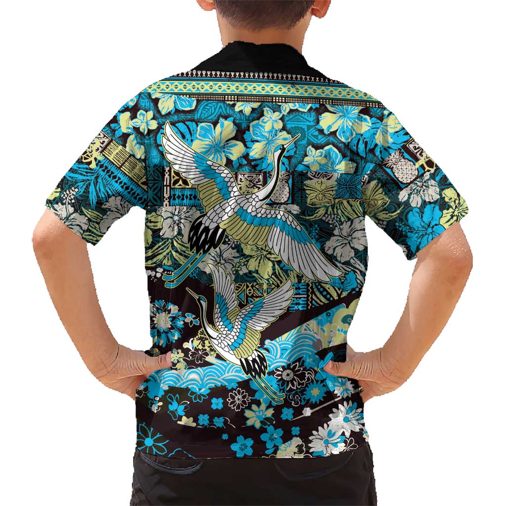 Japanese Hawaiian Crane Family Matching Puletasi and Hawaiian Shirt Blue Tapa Patchwork Pattern