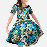 Japanese Hawaiian Crane Family Matching Puletasi and Hawaiian Shirt Blue Tapa Patchwork Pattern