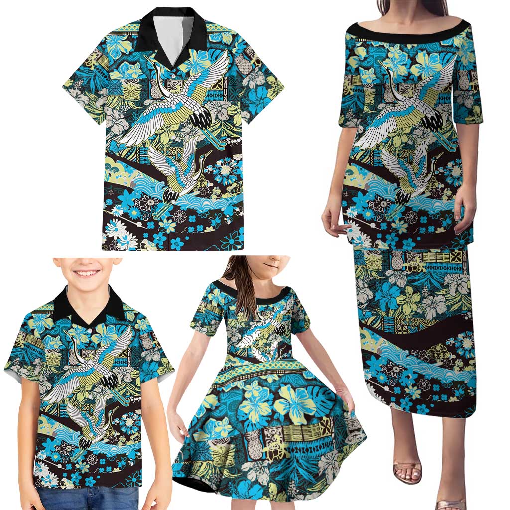 Japanese Hawaiian Crane Family Matching Puletasi and Hawaiian Shirt Blue Tapa Patchwork Pattern