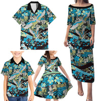 Japanese Hawaiian Crane Family Matching Puletasi and Hawaiian Shirt Blue Tapa Patchwork Pattern