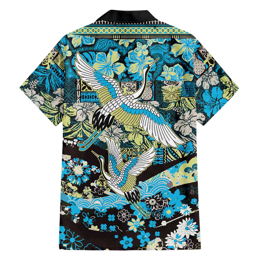 Japanese Hawaiian Crane Family Matching Puletasi and Hawaiian Shirt Blue Tapa Patchwork Pattern
