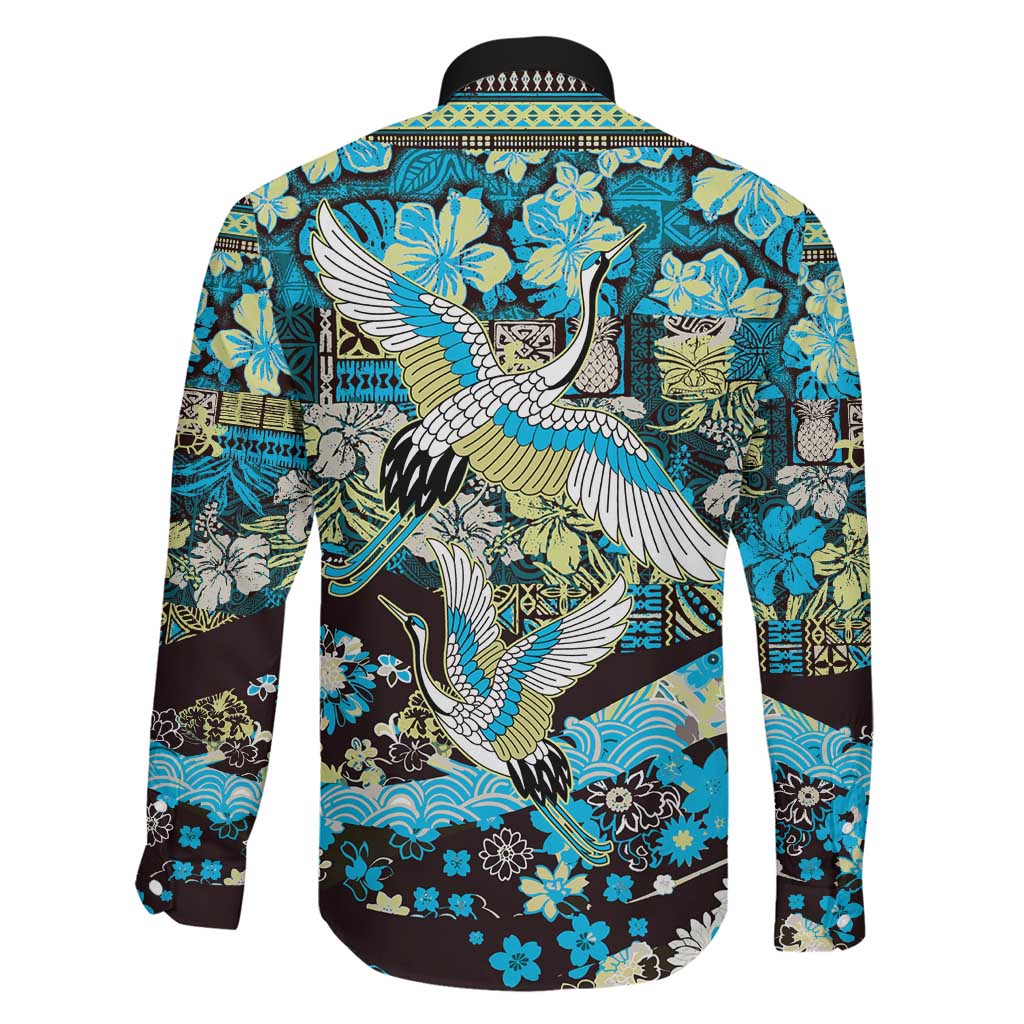 Japanese Hawaiian Crane Family Matching Puletasi and Hawaiian Shirt Blue Tapa Patchwork Pattern