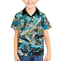 Japanese Hawaiian Crane Family Matching Puletasi and Hawaiian Shirt Blue Tapa Patchwork Pattern