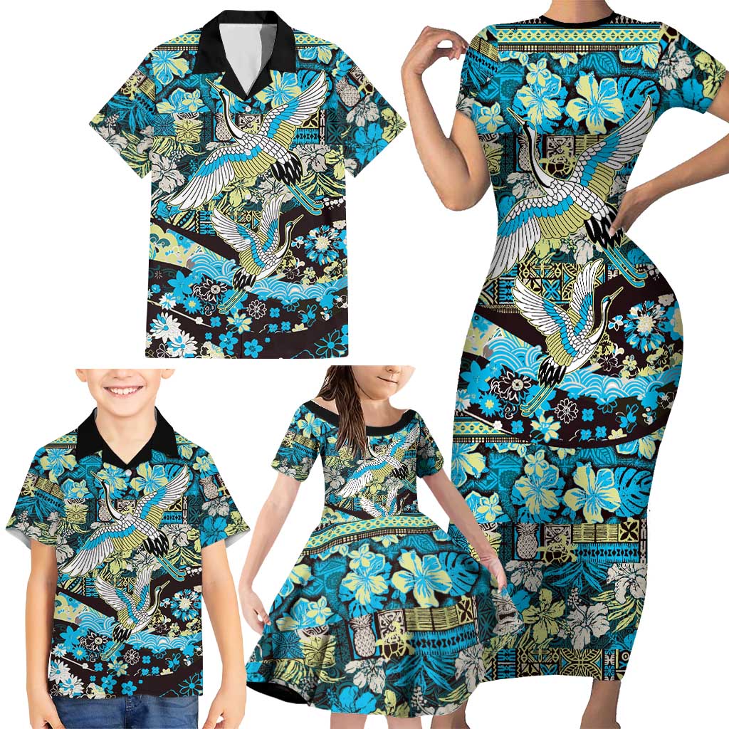Japanese Hawaiian Crane Family Matching Short Sleeve Bodycon Dress and Hawaiian Shirt Blue Tapa Patchwork Pattern