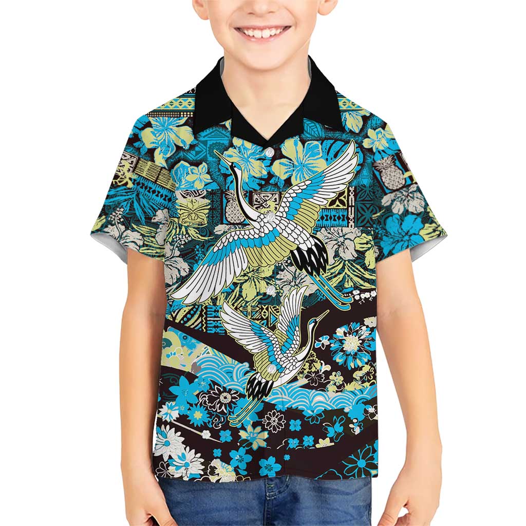 Japanese Hawaiian Crane Hawaiian Shirt Blue Tapa Patchwork Pattern LT9 - Polynesian Pride