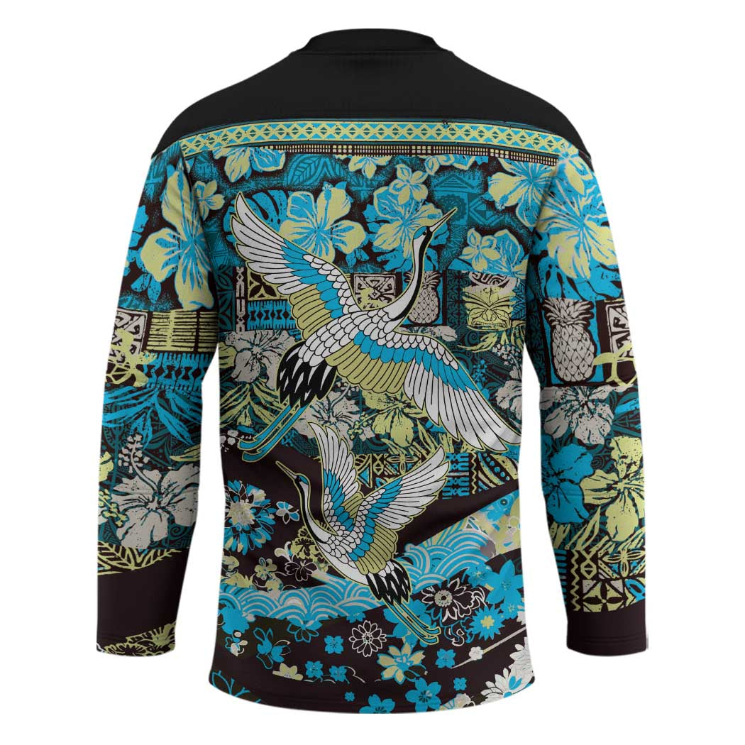 Japanese Hawaiian Crane Hockey Jersey Blue Tapa Patchwork Pattern