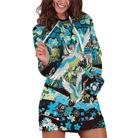 Japanese Hawaiian Crane Hoodie Dress Blue Tapa Patchwork Pattern