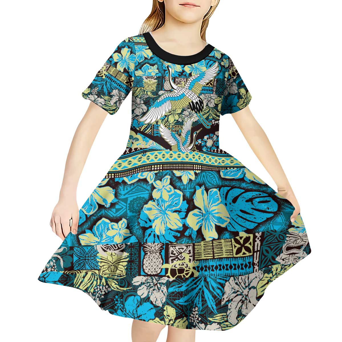 Japanese Hawaiian Crane Kid Short Sleeve Dress Blue Tapa Patchwork Pattern LT9 - Polynesian Pride
