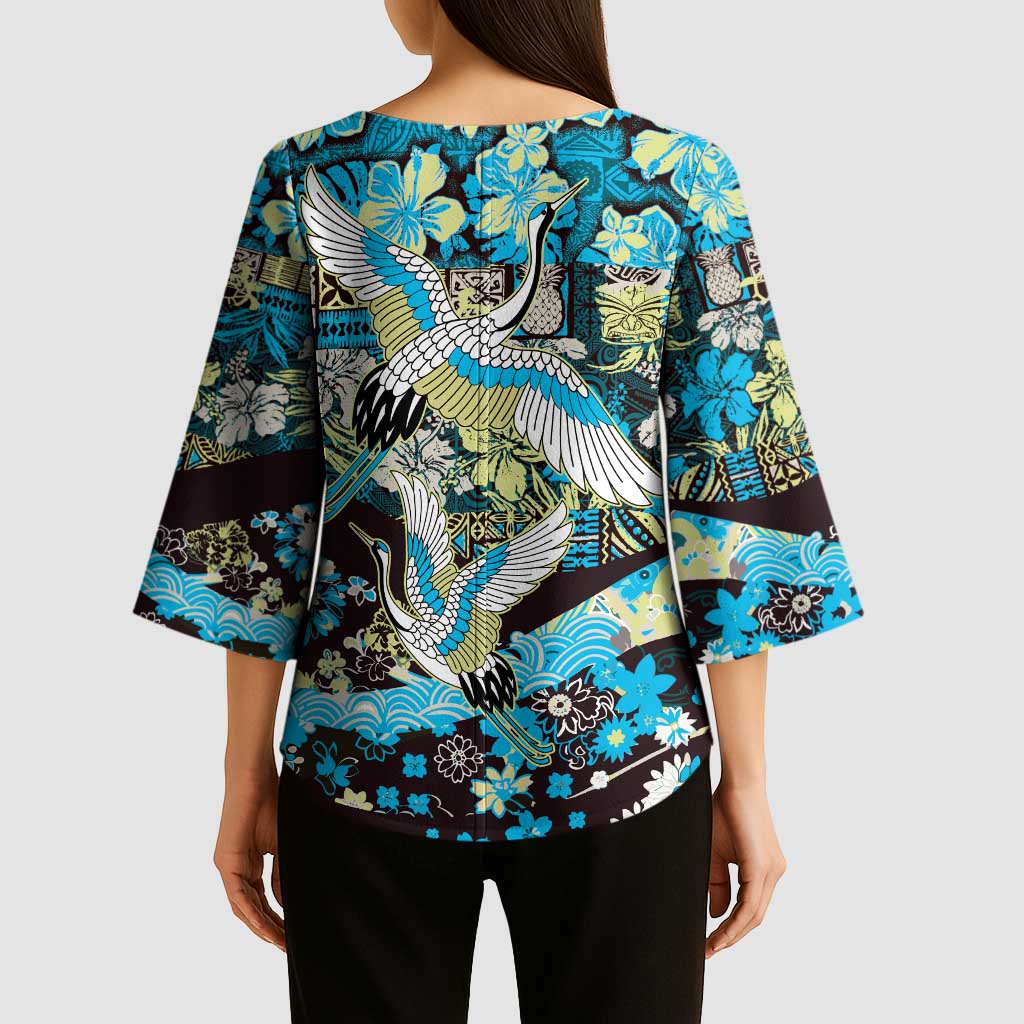 Japanese Hawaiian Crane Kimono Sleeve Blouse Blue Tapa Patchwork Pattern
