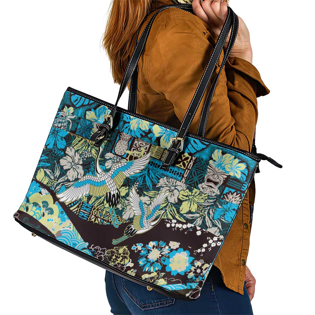 Japanese Hawaiian Crane Leather Tote Bag Blue Tapa Patchwork Pattern