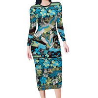 Japanese Hawaiian Crane Long Sleeve Bodycon Dress Blue Tapa Patchwork Pattern