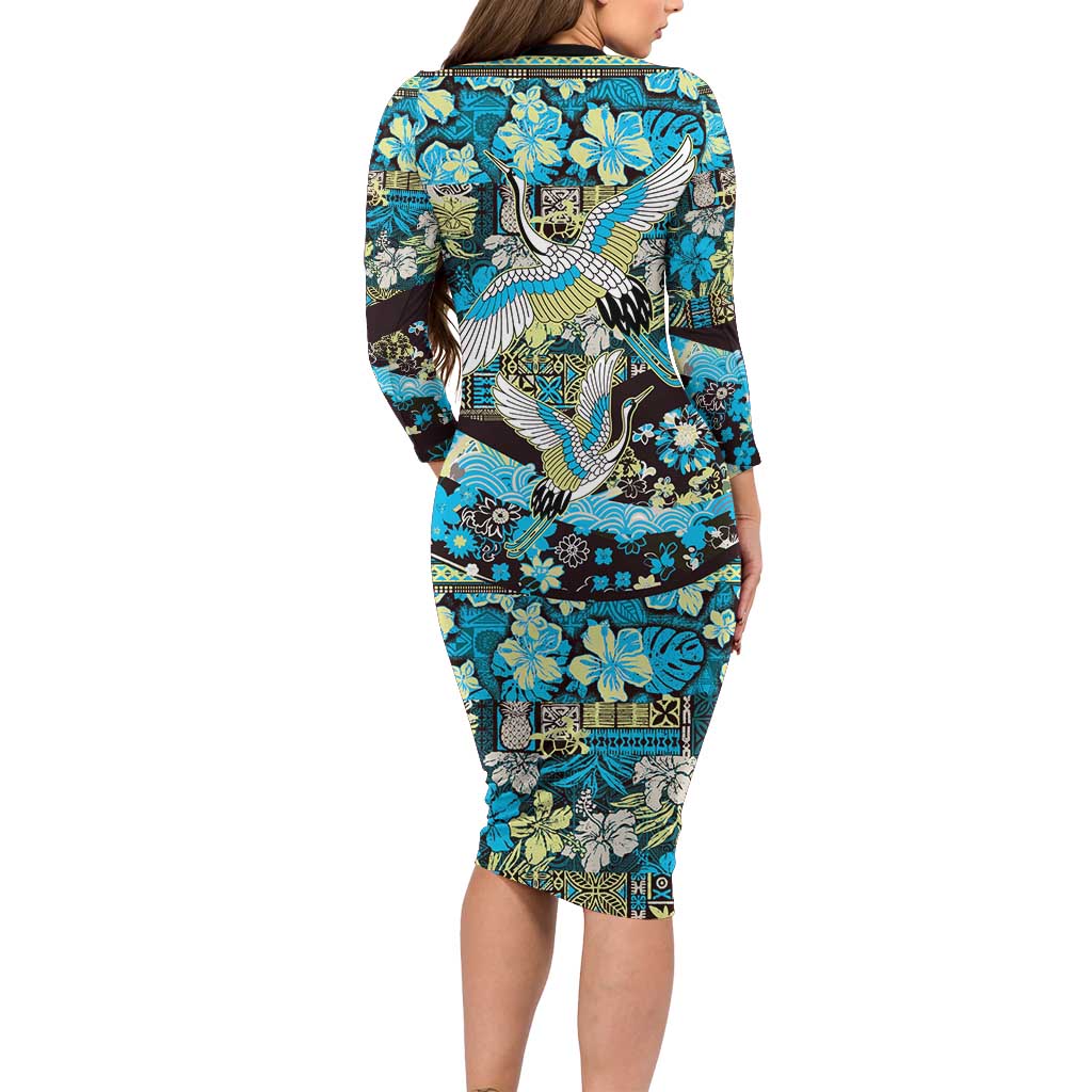 Japanese Hawaiian Crane Long Sleeve Bodycon Dress Blue Tapa Patchwork Pattern
