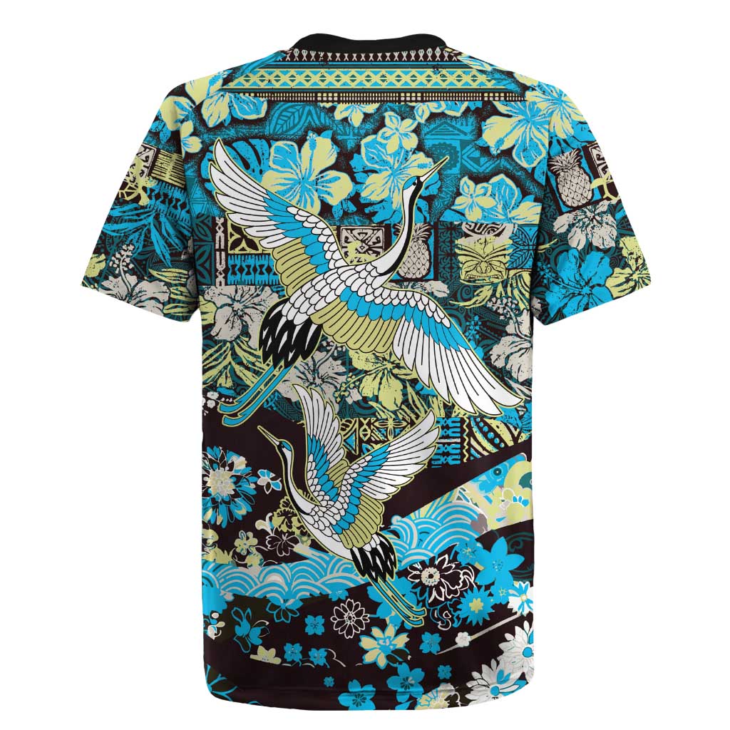 Japanese Hawaiian Crane Rugby Jersey Blue Tapa Patchwork Pattern LT9 - Polynesian Pride