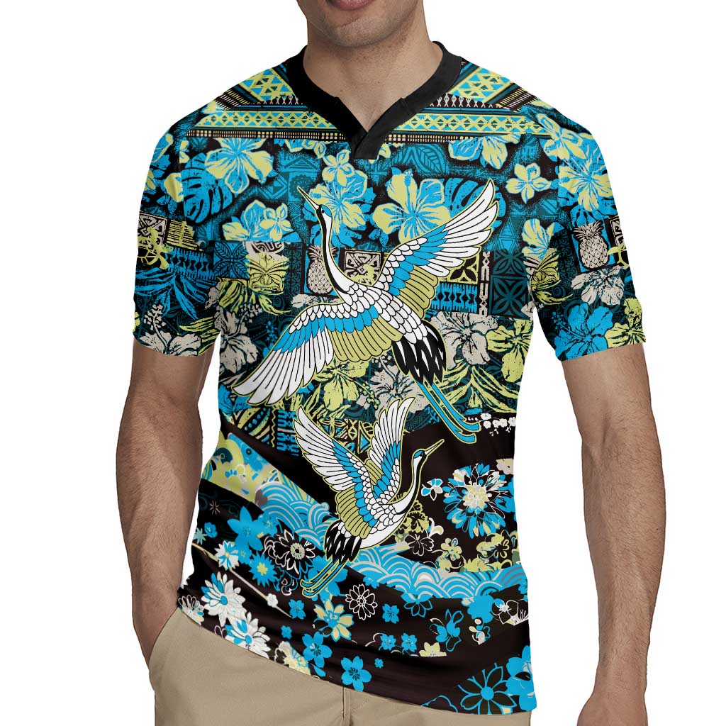 Japanese Hawaiian Crane Rugby Jersey Blue Tapa Patchwork Pattern LT9 - Polynesian Pride