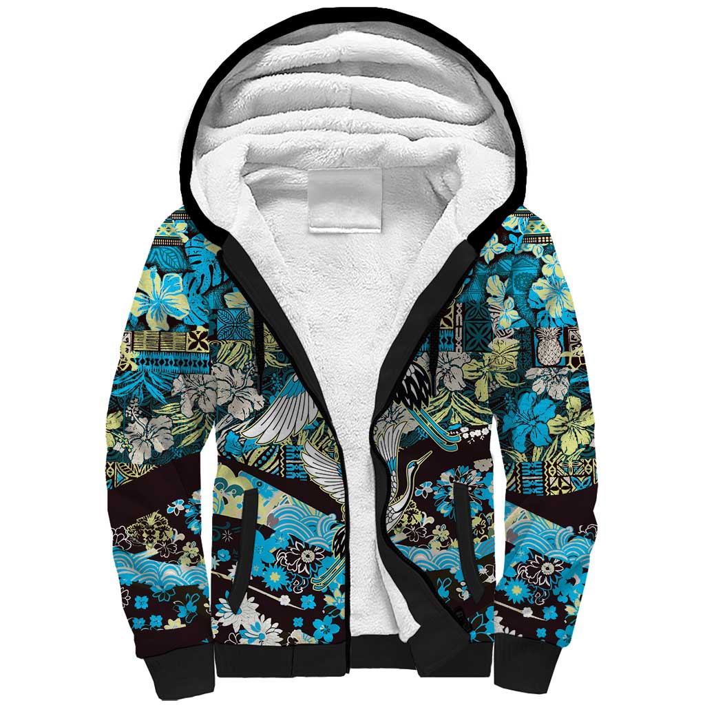 Japanese Hawaiian Crane Sherpa Hoodie Blue Tapa Patchwork Pattern