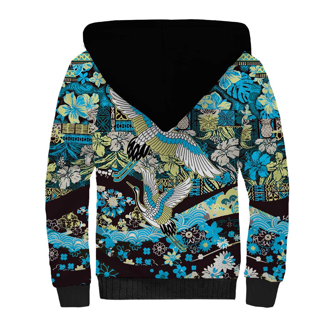 Japanese Hawaiian Crane Sherpa Hoodie Blue Tapa Patchwork Pattern