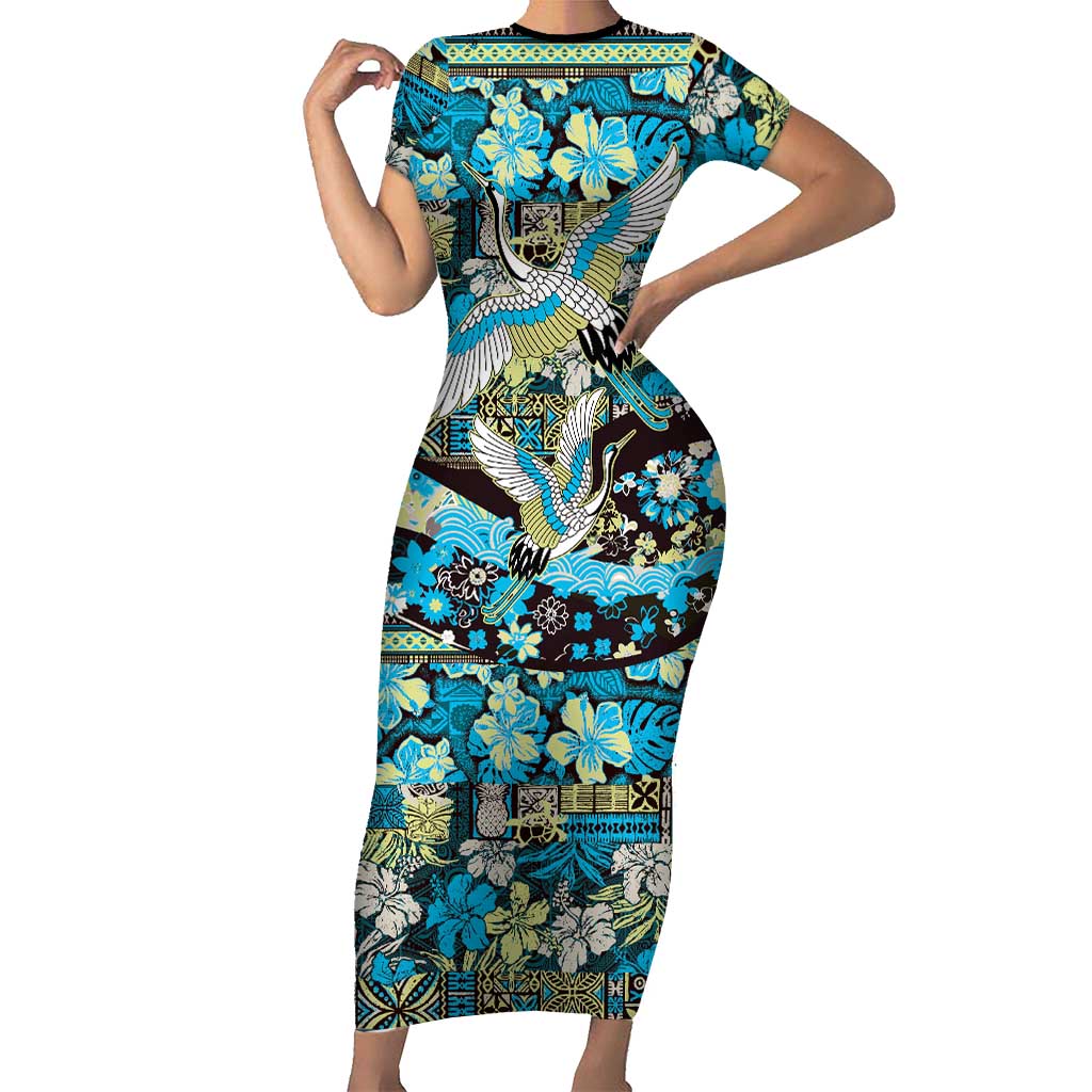 Japanese Hawaiian Crane Short Sleeve Bodycon Dress Blue Tapa Patchwork Pattern