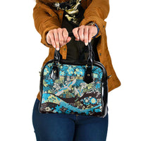 Japanese Hawaiian Crane Shoulder Handbag Blue Tapa Patchwork Pattern