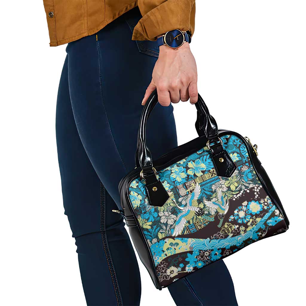 Japanese Hawaiian Crane Shoulder Handbag Blue Tapa Patchwork Pattern