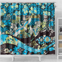 Japanese Hawaiian Crane Shower Curtain Blue Tapa Patchwork Pattern