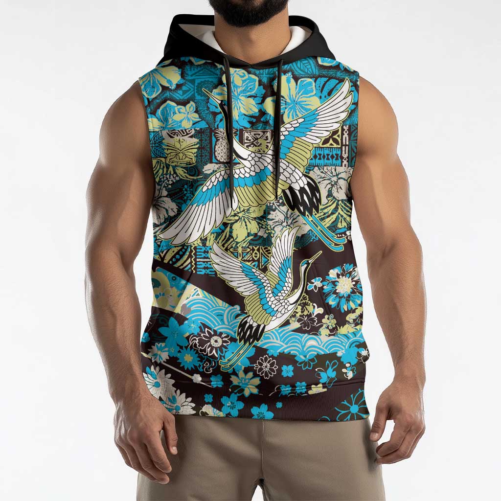 Japanese Hawaiian Crane Sleeveless Hoodie Blue Tapa Patchwork Pattern