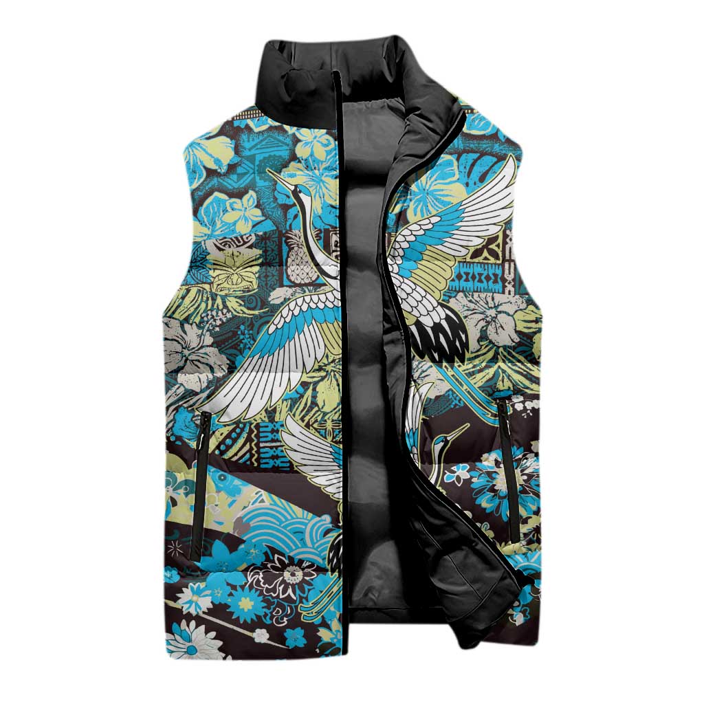 Japanese Hawaiian Crane Sleeveless Puffer Jacket Blue Tapa Patchwork Pattern