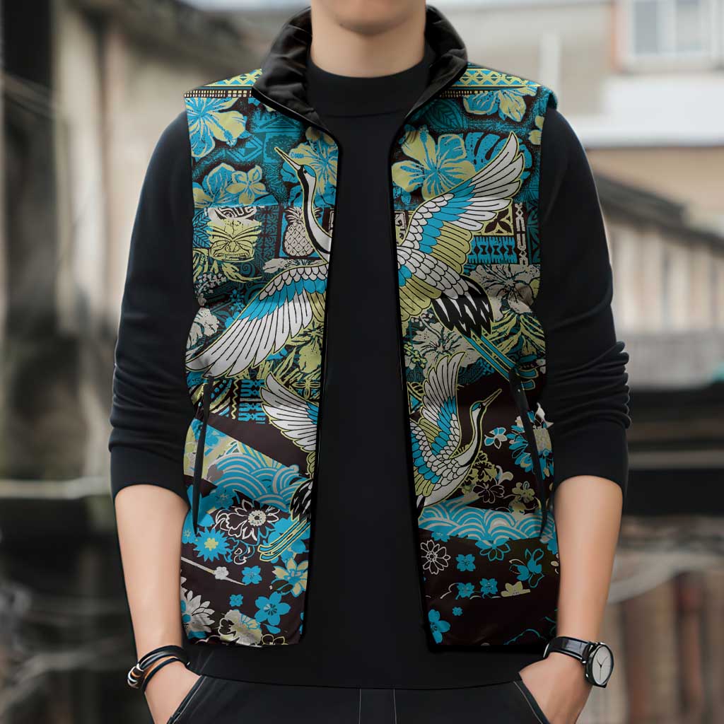 Japanese Hawaiian Crane Sleeveless Puffer Jacket Blue Tapa Patchwork Pattern