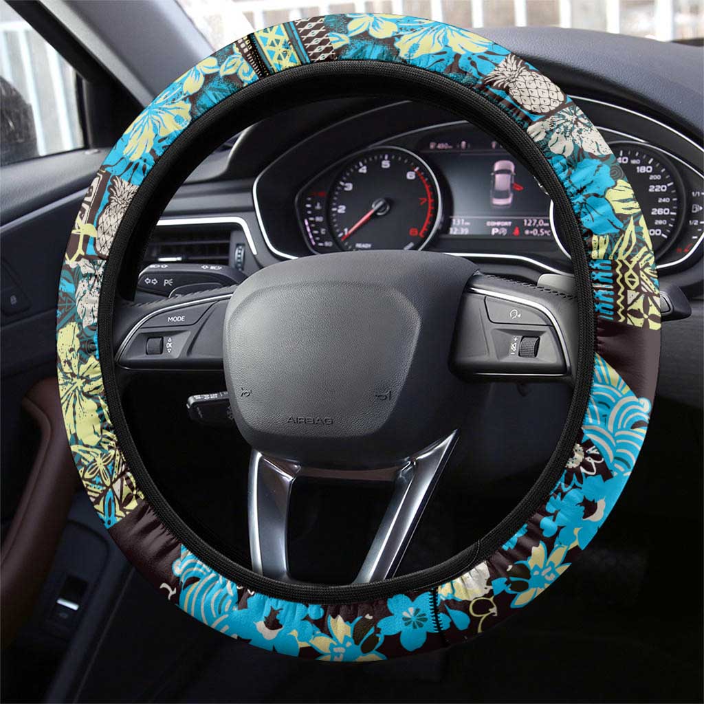 Japanese Hawaiian Crane Steering Wheel Cover Blue Tapa Patchwork Pattern