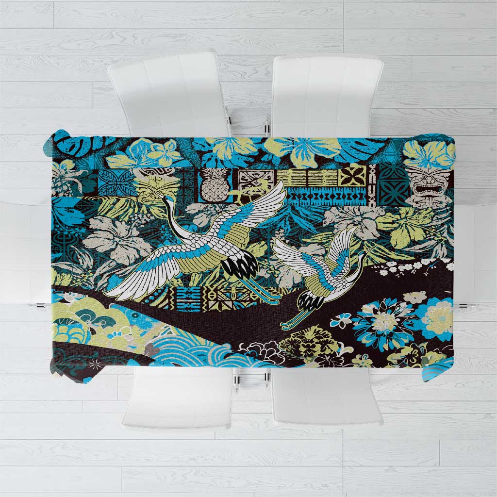 Japanese Hawaiian Crane Tablecloth Blue Tapa Patchwork Pattern