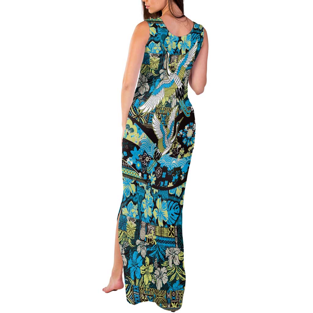 Japanese Hawaiian Crane Tank Maxi Dress Blue Tapa Patchwork Pattern LT9 - Polynesian Pride