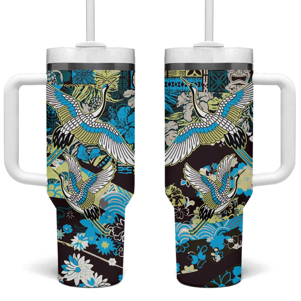 Japanese Hawaiian Crane Tumbler With Handle Blue Tapa Patchwork Pattern