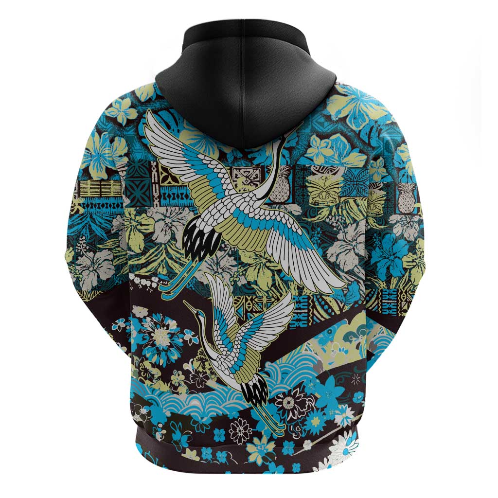 Japanese Hawaiian Crane Zip Hoodie Blue Tapa Patchwork Pattern LT9 - Polynesian Pride
