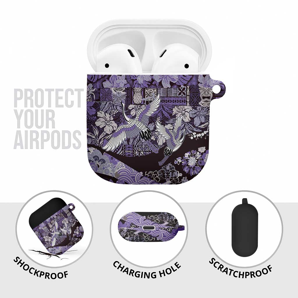 Japanese Hawaiian Crane AirPods Case Purple Tapa Patchwork Pattern LT9 - Polynesian Pride