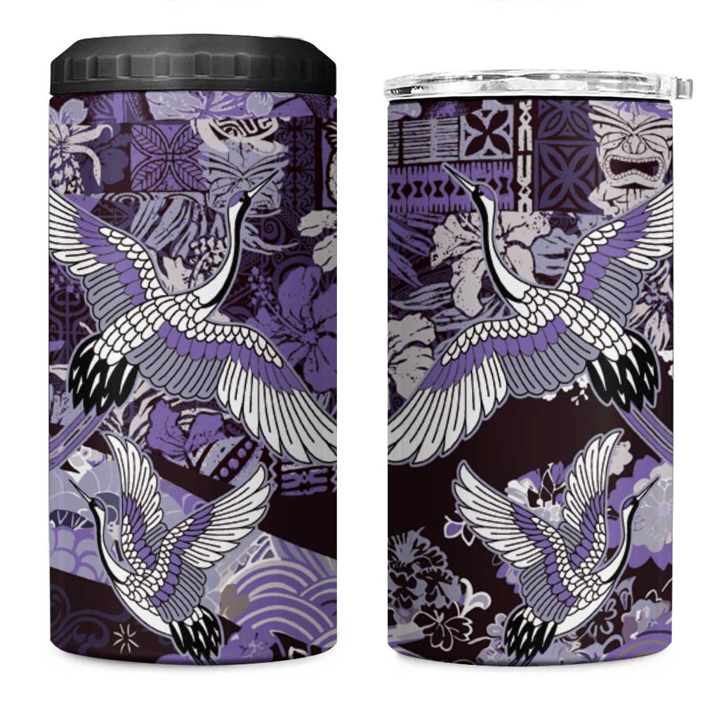 Japanese Hawaiian Crane 4 in 1 Can Cooler Tumbler Purple Tapa Patchwork Pattern