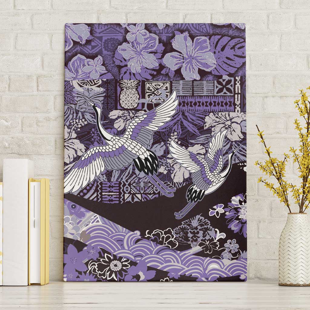 Japanese Hawaiian Crane Canvas Wall Art Purple Tapa Patchwork Pattern