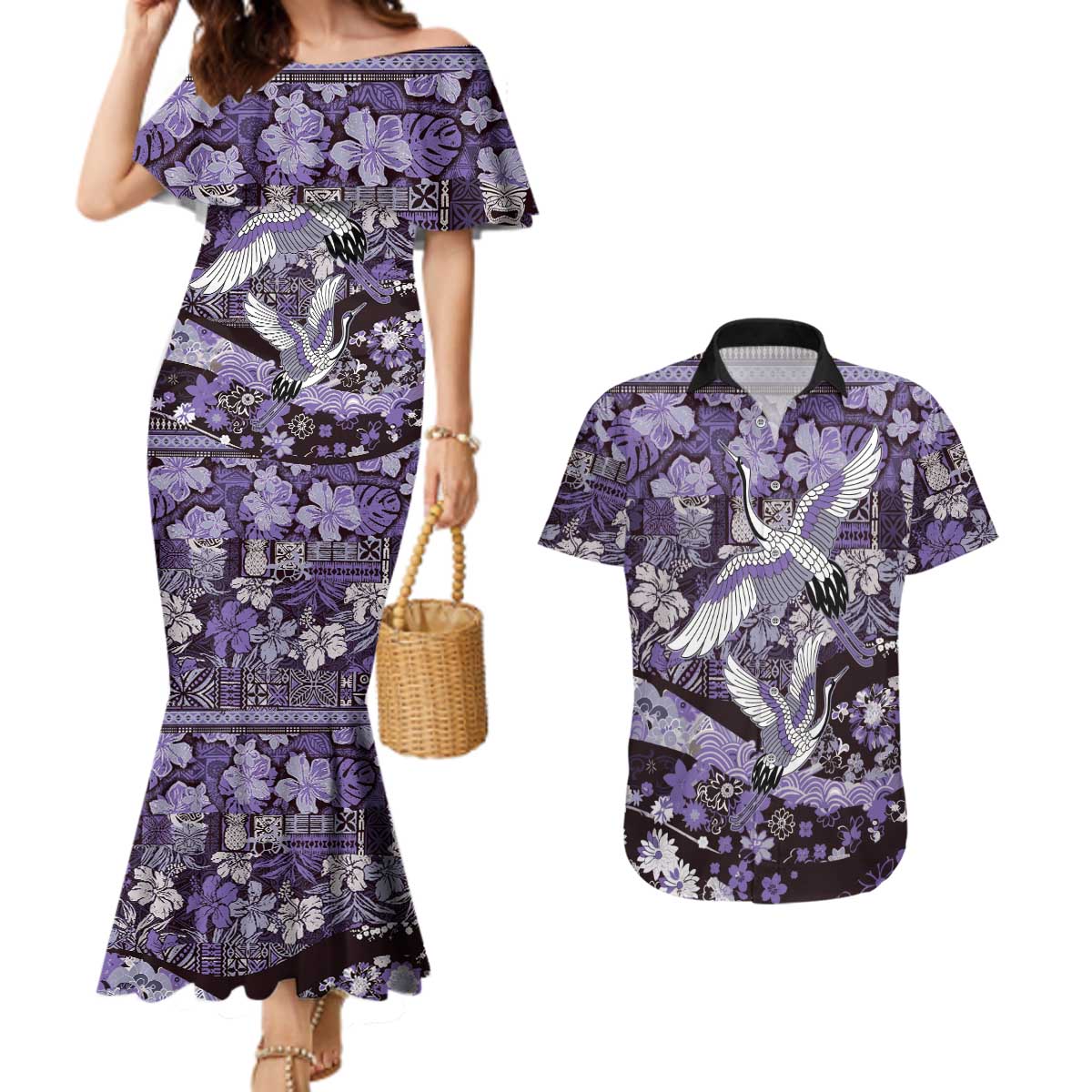 Japanese Hawaiian Crane Couples Matching Mermaid Dress and Hawaiian Shirt Purple Tapa Patchwork Pattern