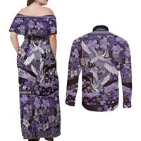 Japanese Hawaiian Crane Couples Matching Off Shoulder Maxi Dress and Long Sleeve Button Shirt Purple Tapa Patchwork Pattern