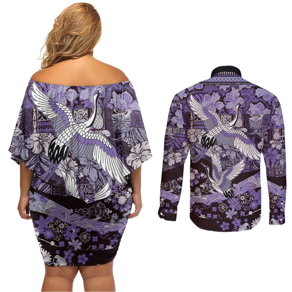 Japanese Hawaiian Crane Couples Matching Off Shoulder Short Dress and Long Sleeve Button Shirt Purple Tapa Patchwork Pattern