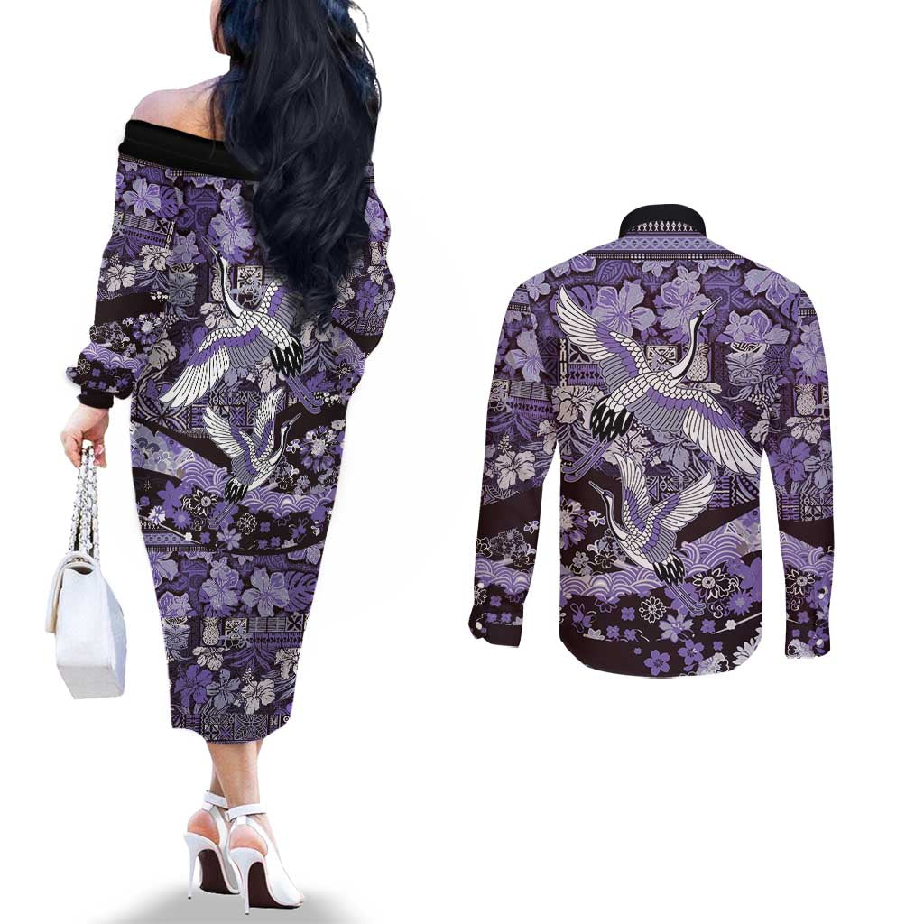 Japanese Hawaiian Crane Couples Matching Off The Shoulder Long Sleeve Dress and Long Sleeve Button Shirt Purple Tapa Patchwork Pattern LT9 - Polynesian Pride