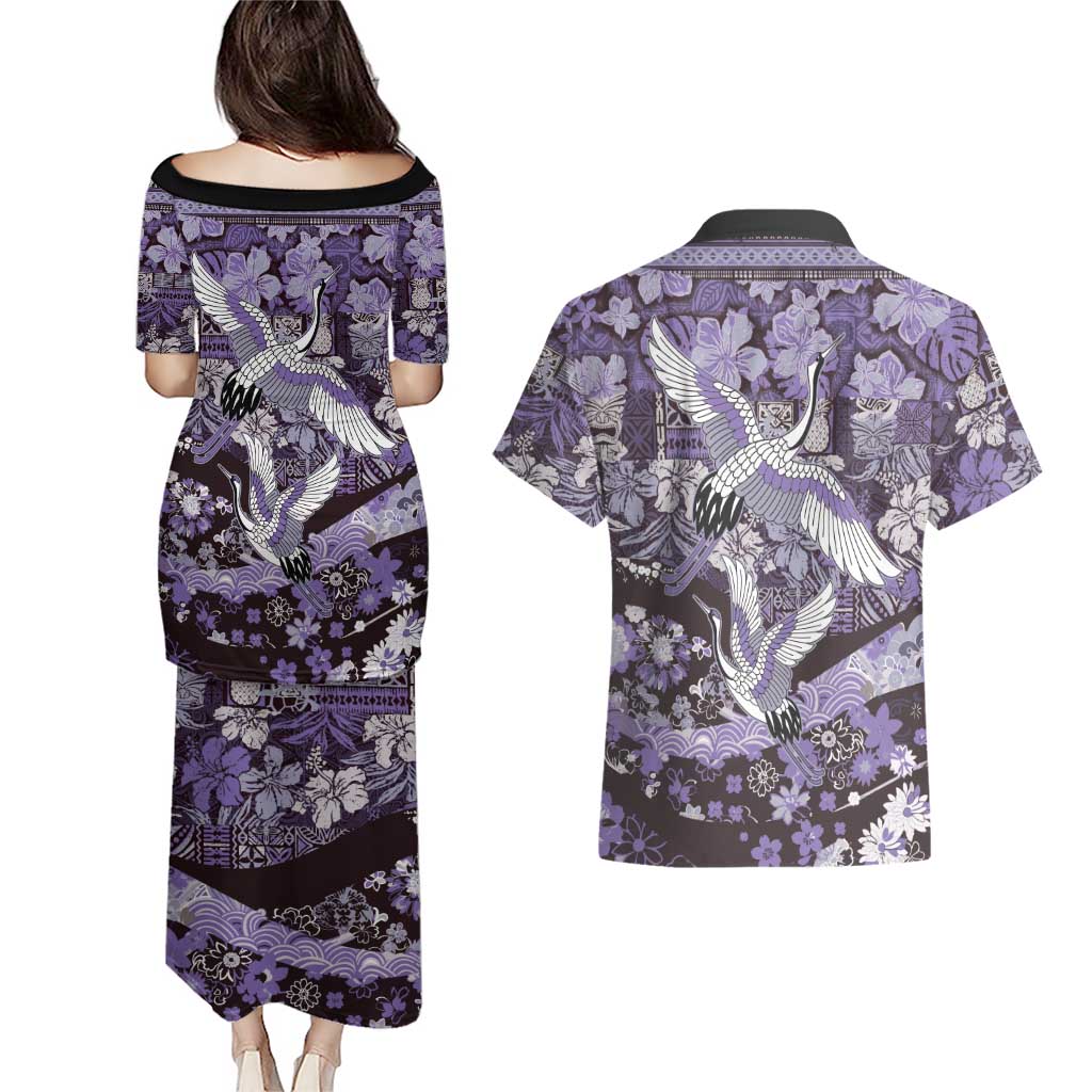 Japanese Hawaiian Crane Couples Matching Puletasi and Hawaiian Shirt Purple Tapa Patchwork Pattern