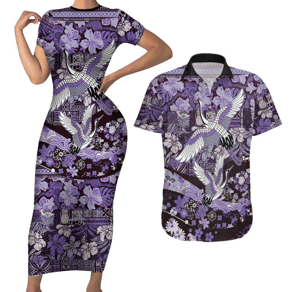 Japanese Hawaiian Crane Couples Matching Short Sleeve Bodycon Dress and Hawaiian Shirt Purple Tapa Patchwork Pattern