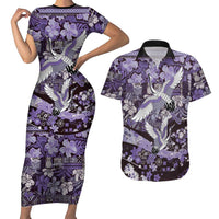 Japanese Hawaiian Crane Couples Matching Short Sleeve Bodycon Dress and Hawaiian Shirt Purple Tapa Patchwork Pattern