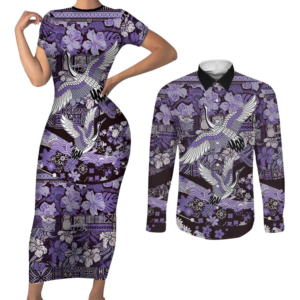 Japanese Hawaiian Crane Couples Matching Short Sleeve Bodycon Dress and Long Sleeve Button Shirt Purple Tapa Patchwork Pattern
