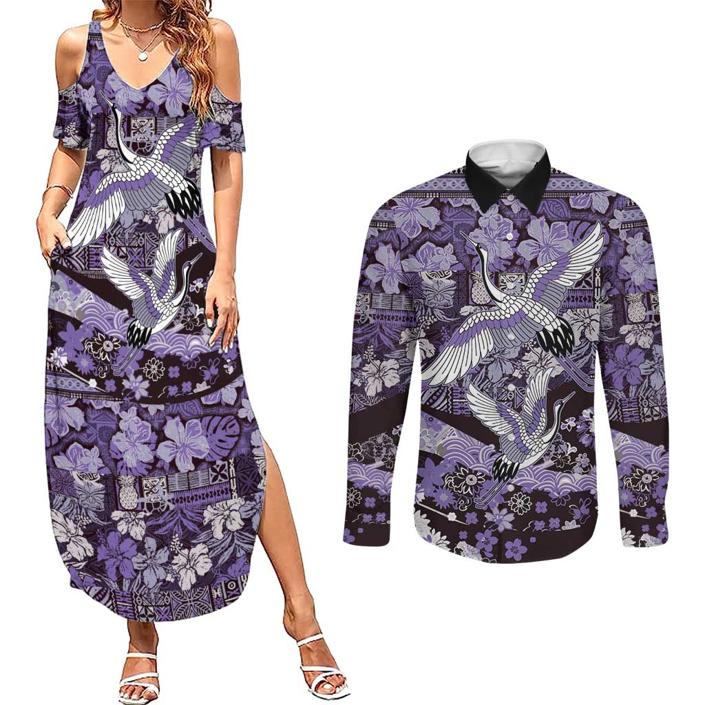 Japanese Hawaiian Crane Couples Matching Summer Maxi Dress and Long Sleeve Button Shirt Purple Tapa Patchwork Pattern