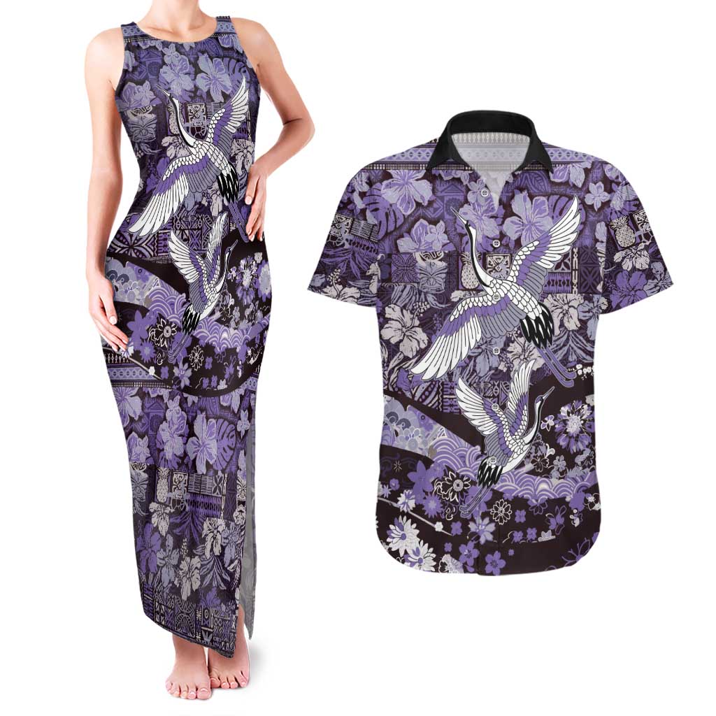 Japanese Hawaiian Crane Couples Matching Tank Maxi Dress and Hawaiian Shirt Purple Tapa Patchwork Pattern