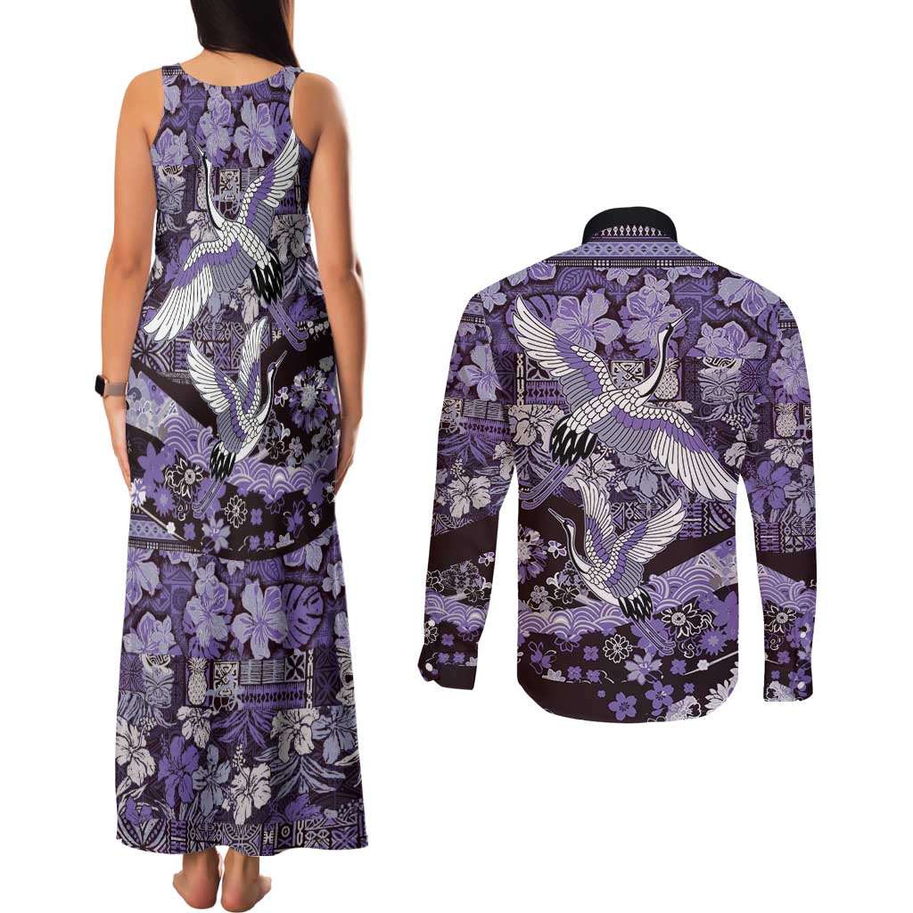 Japanese Hawaiian Crane Couples Matching Tank Maxi Dress and Long Sleeve Button Shirt Purple Tapa Patchwork Pattern