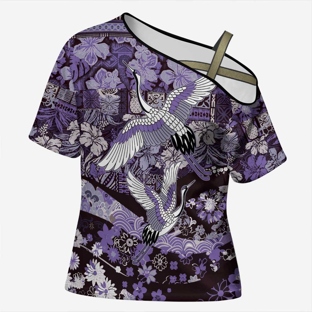 Japanese Hawaiian Crane Cross Shoulder Shirt Purple Tapa Patchwork Pattern