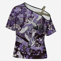 Japanese Hawaiian Crane Cross Shoulder Shirt Purple Tapa Patchwork Pattern